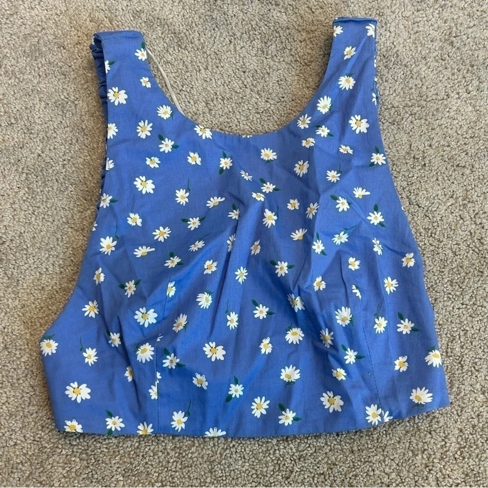 Zara blue Daisy flower floral print open strappy back crop top Sz S NWT - Picture 3 of 10